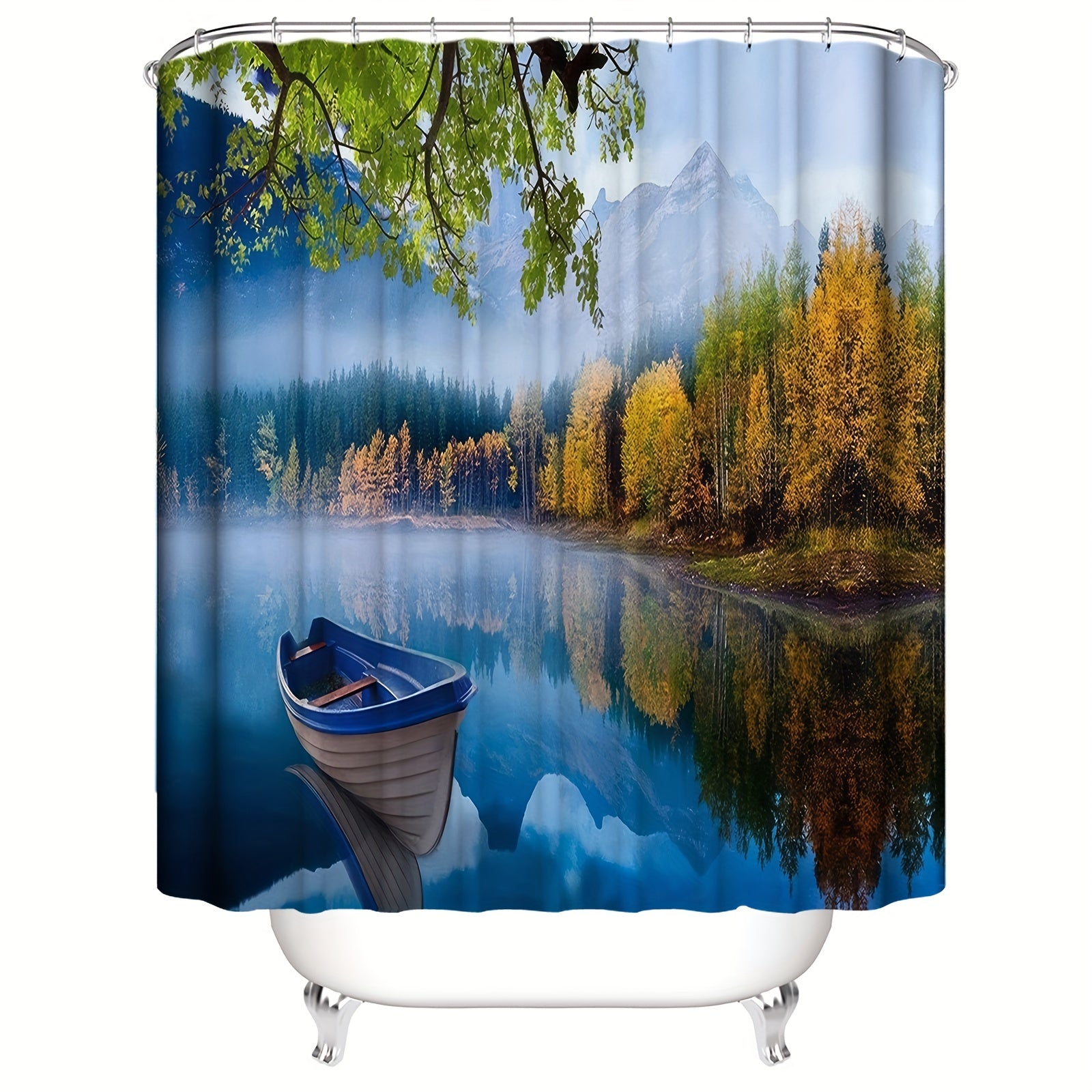 Forest Mountains Green Water Tree Cloud Shower Curtain Set