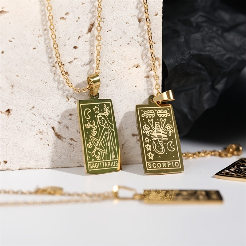 Stainless Steel Tarot Card Pendant Necklace 18K Plated Horoscope Jewelry