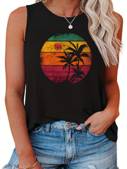  Colorblock Coconut Tree Print Tank Top