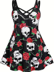 Skull Print Spaghetti Strap Dress Gothic Sleeveless V Neck Dress