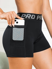 Letter Pattern High Waist Yoga Shorts With Pocket
