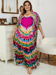  Boho Cover Up Women's Plus Tie Dye Print Split Maxi Beach Cover Up