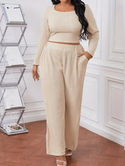 Plus Size Ribbed Long Sleeve Crop Top & Pants Outfit Set