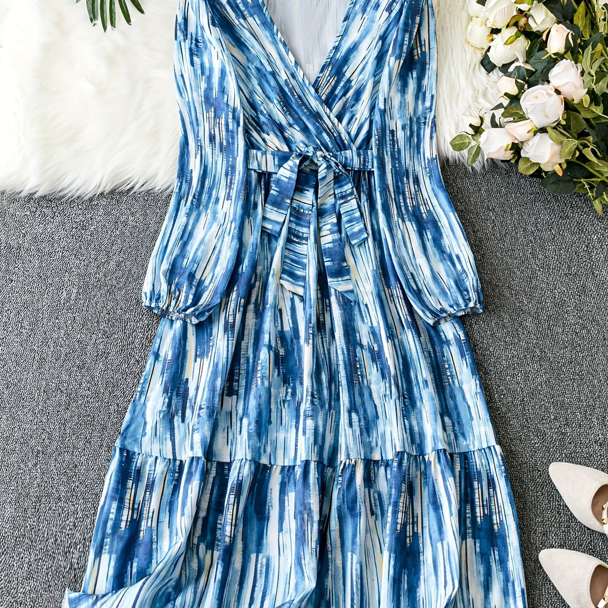 Plus Tie Dye Lantern Sleeve Smock Maxi Dress