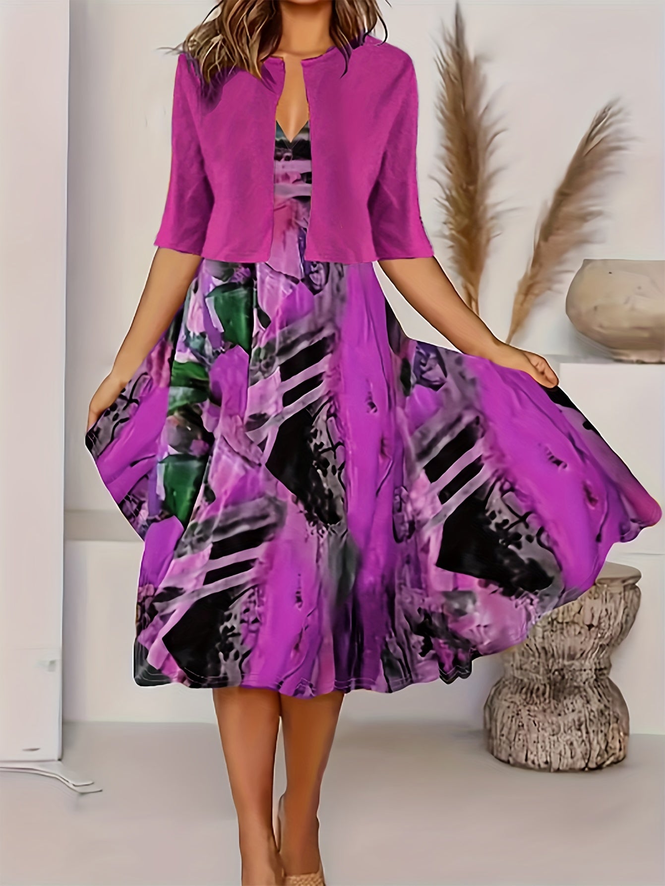 Two Piece Crop Top & Graphic Print Tank Dress Women's Outfit