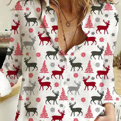 Plus Size Christmas Elk & Tree Print Long Sleeve Blouse