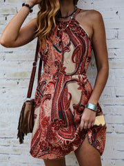 Paisley Print Tie Back Dress Sleeveless Boho Shirred Waist
