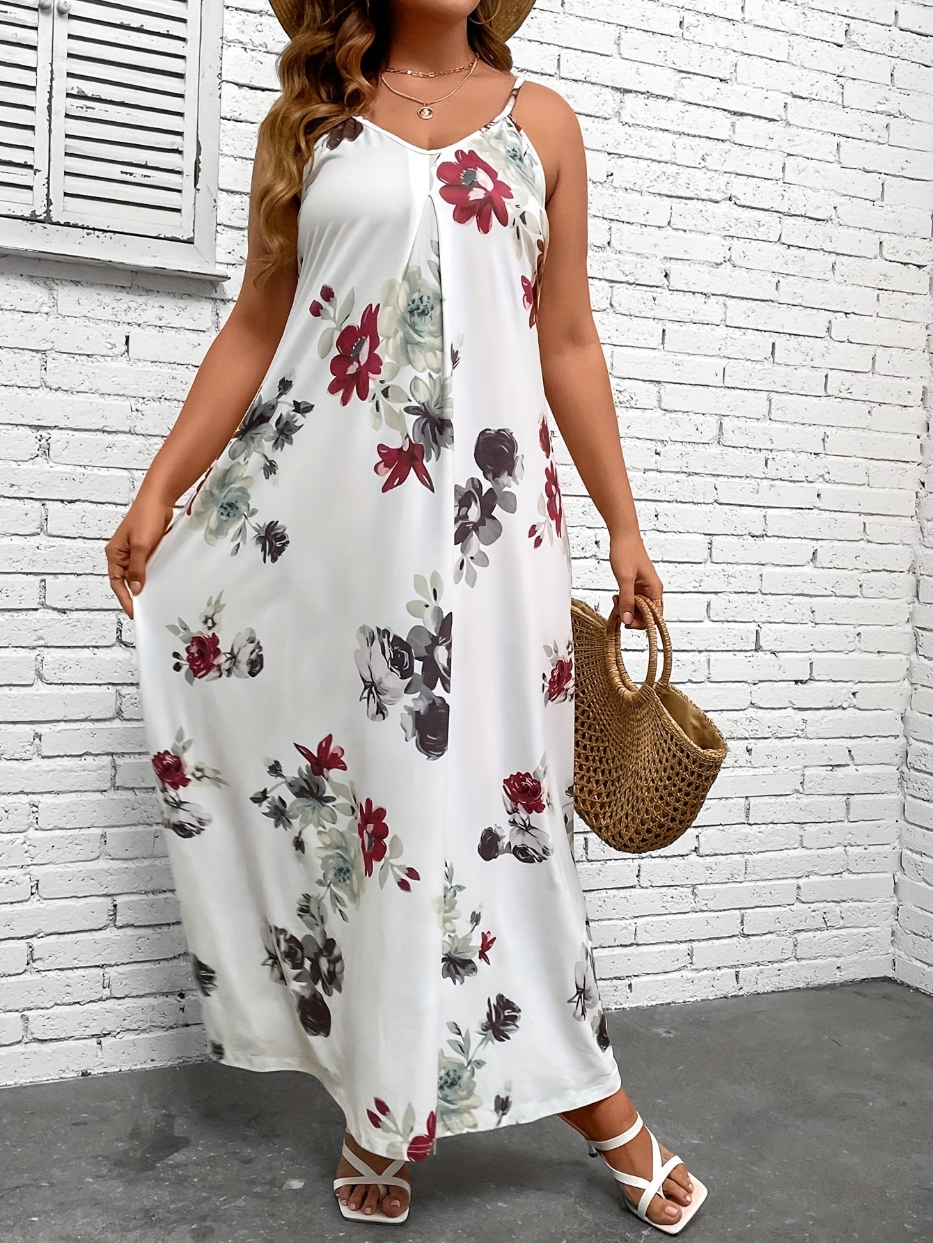  Floral Print Adjustable Strap Maxi Dress