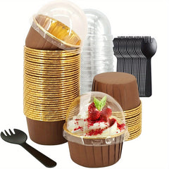 50pcs Disposable Muffin Cups With Lids, Spoons and Glossy Cupcake Liners