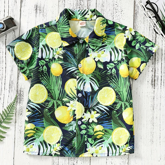 Boys Lemon Leaf & Flower Print Shirt, Summer Vacation Beach Clothes