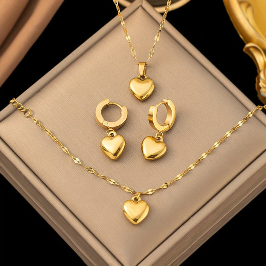 SENLANSP Heart-Shaped Stainless Steel Jewelry Set with Earrings, Bracelet & Neck