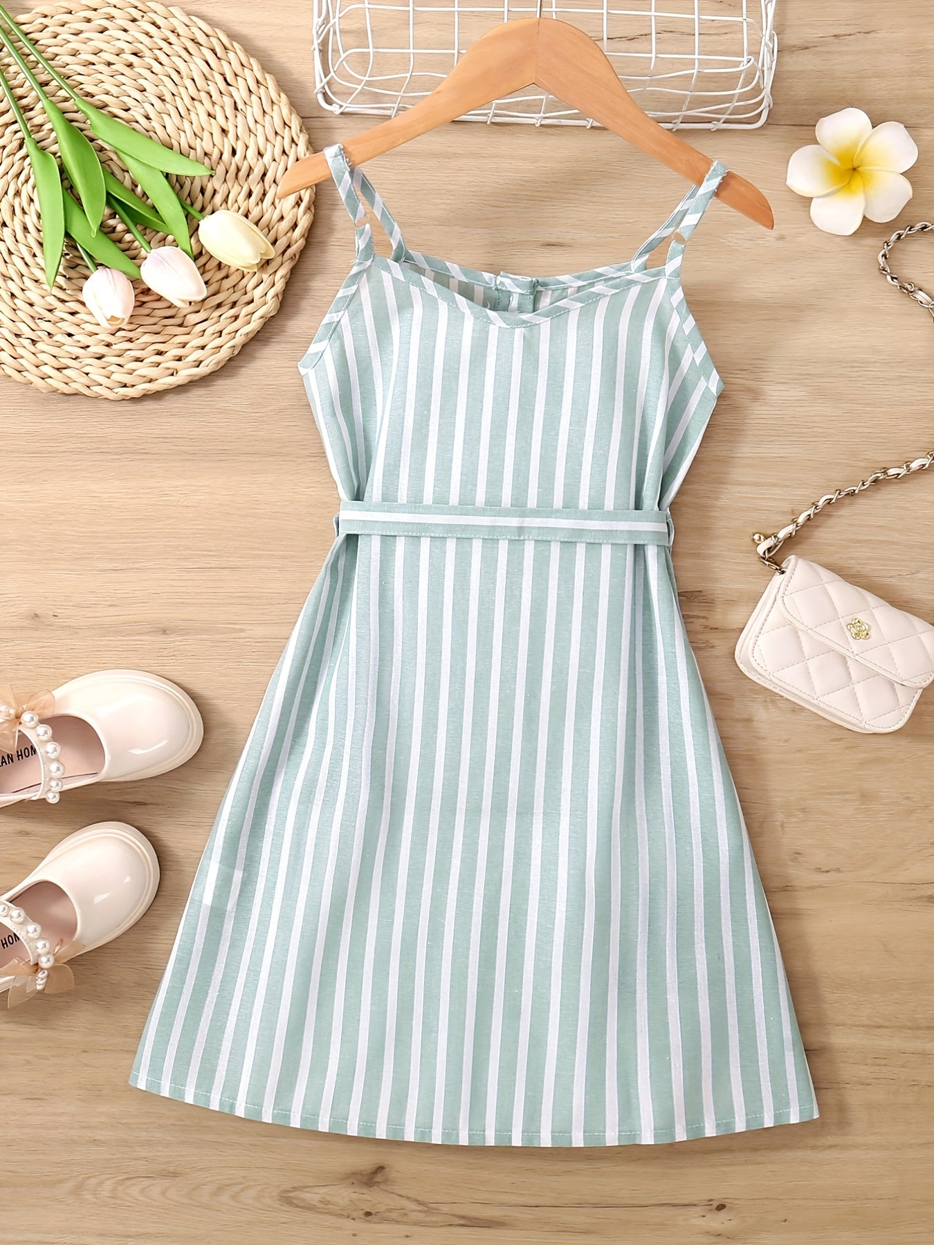 Girls Striped Button Front Belt Dress Casual Vacation Kids Clothes