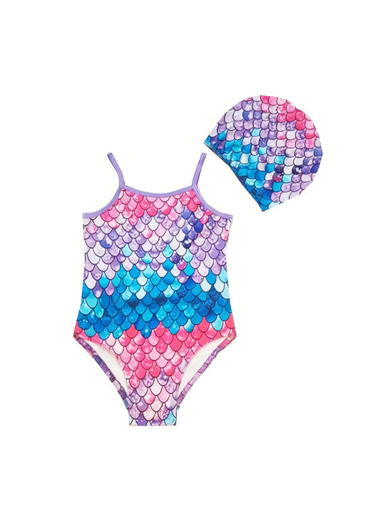 Mermaid Fish Scale Print 2pcs Onesie Swimsuit & Cap