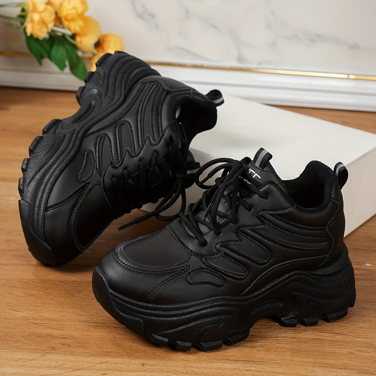 Faux Leather Heighten Chunky Sneakers Shock Absorption Sports Shoes