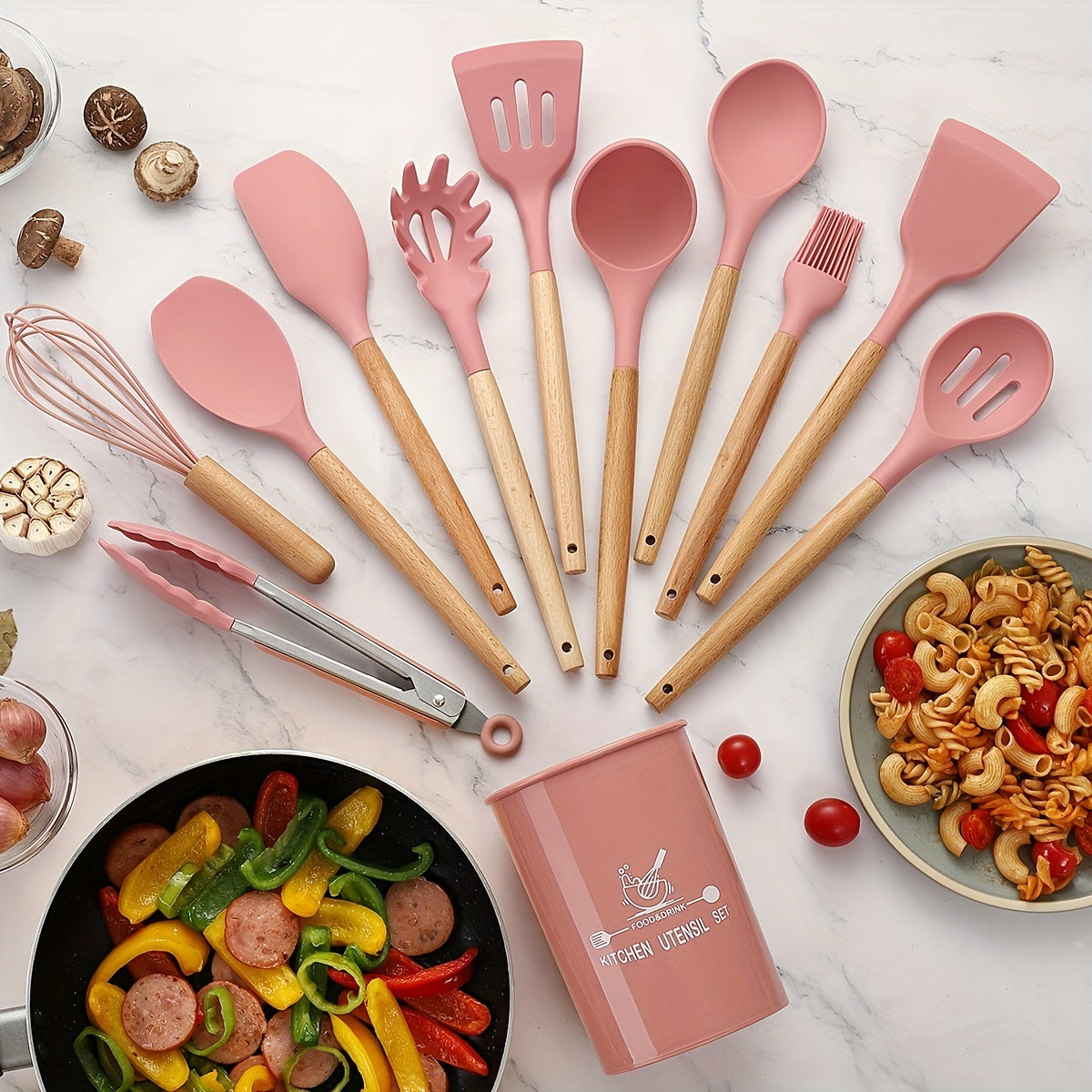 12pcs Silicone Cooking Utensils Set with Wooden Handle