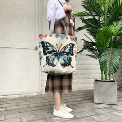 Butterfly Embroidery Tote Bag Ethnic Style Canvas Handbags Large Shoulder Bag