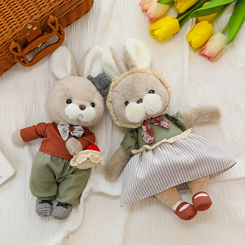 Couple Rabbit Plush Toys Stuffed Animals Red & White Outfits Bunny Ears Bow Tie