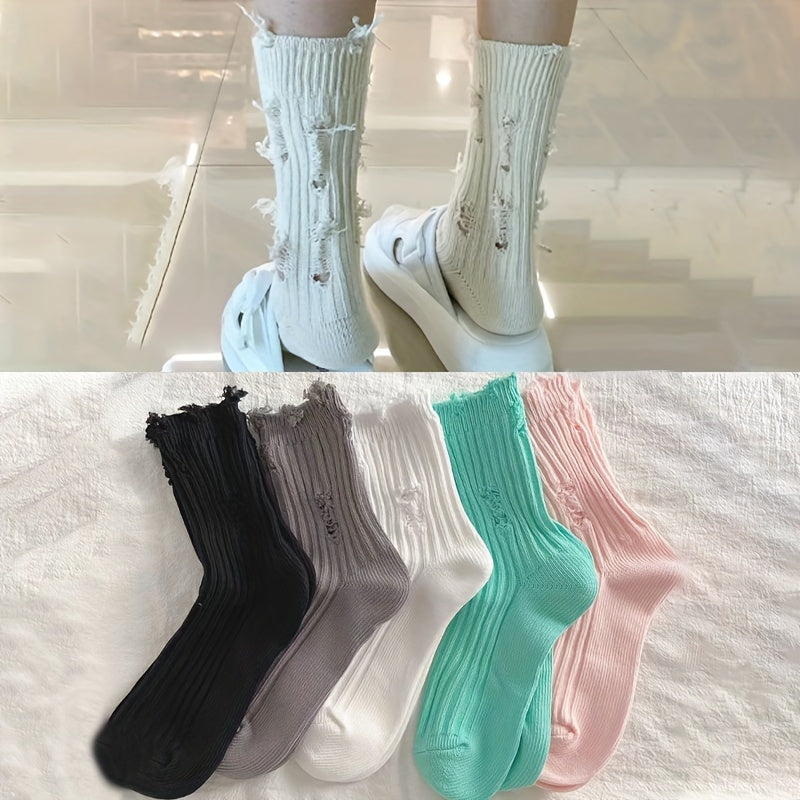 5 Pairs Ripped Solid Socks Women's Mid Tube Stockings