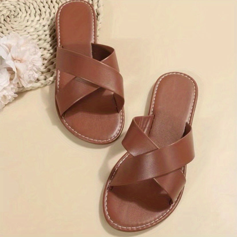 Women's Cross Strap Flat Slippers Open Toe Non Slip Slides