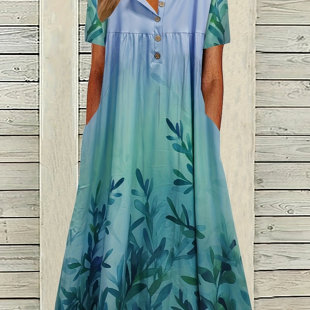 Women's Plus Ombre Floral Print Button Up Short Sleeve V Neck Maxi Dress