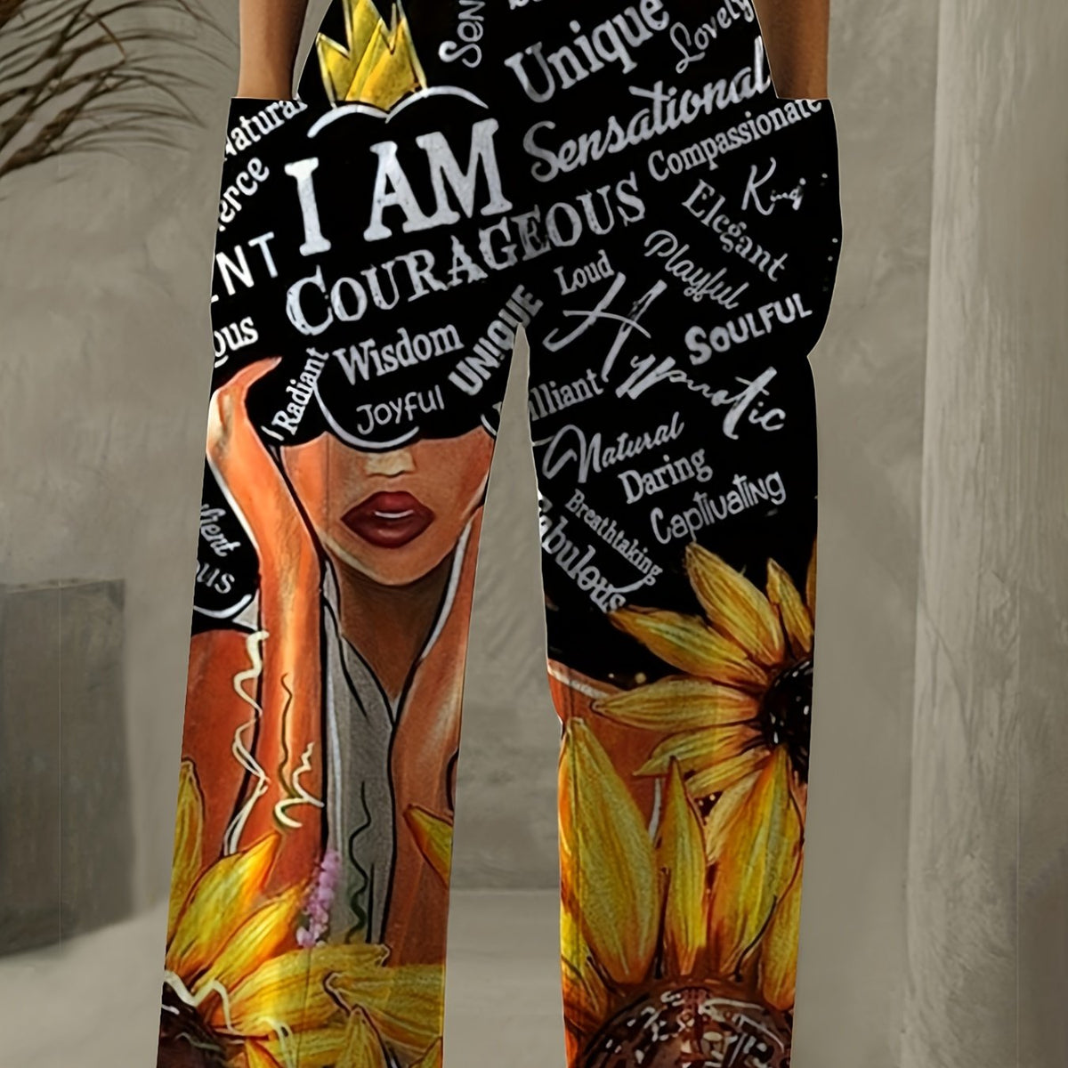  Women's Sunflower & Cartoon Print High Rise Pants