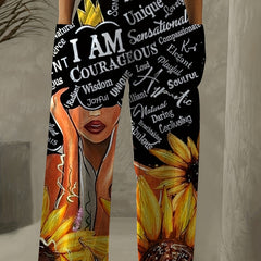  Women's Sunflower & Cartoon Print High Rise Pants