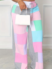  Colorblock Drawstring High Rise Wide Leg Pants