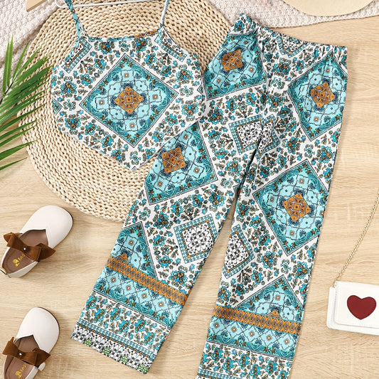 Girls Ethnic Pattern Asymmetric Cami Top & Pants Set for Vacation Outfit