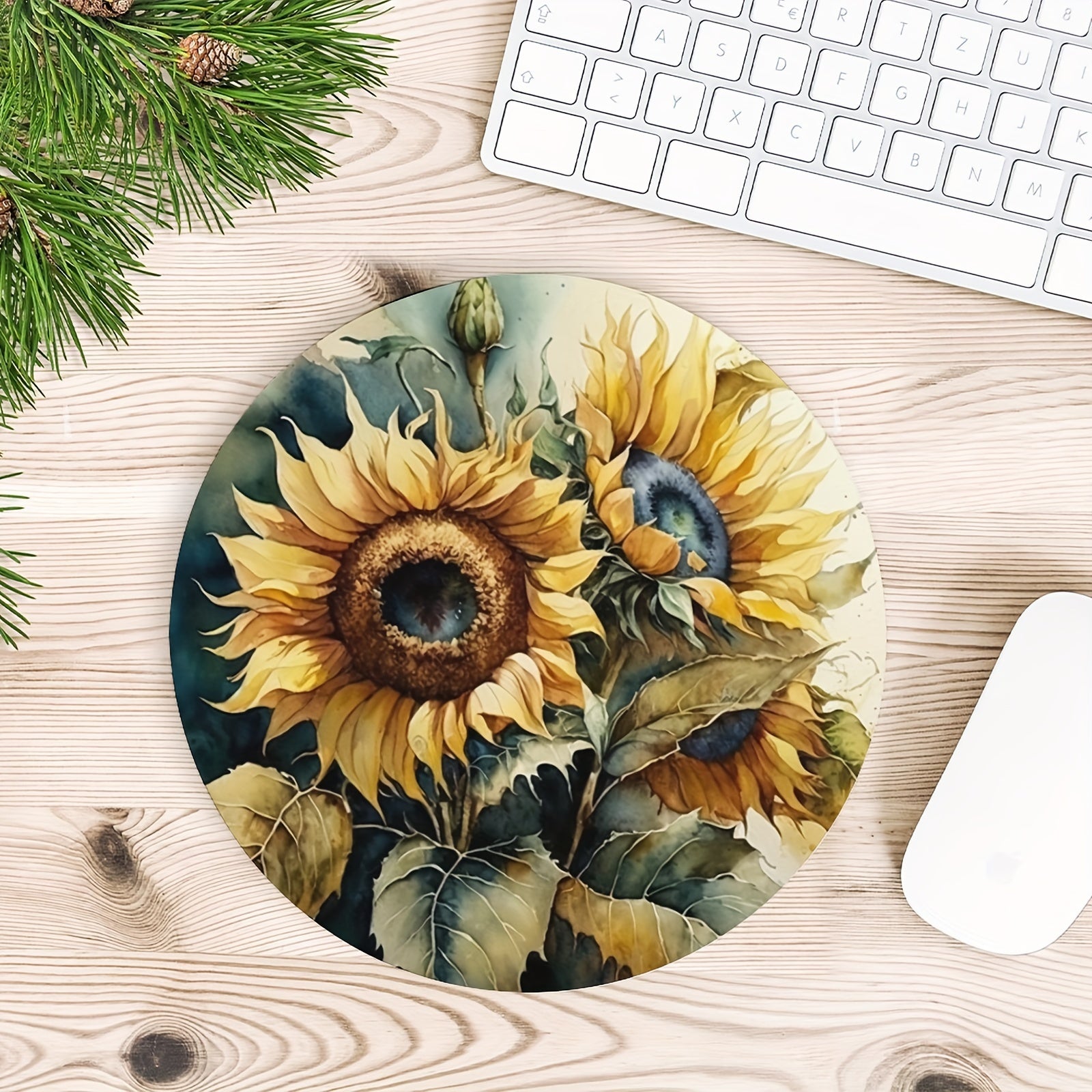 Watercolor Sunflower Round Mouse Mat Mouse Pad Non Slip Rubber Base Mousepad