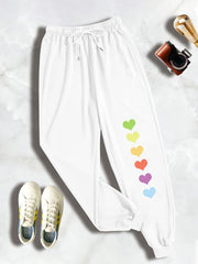 Colorful Heart Print Drawstring Sweatpants Plus Size Women's