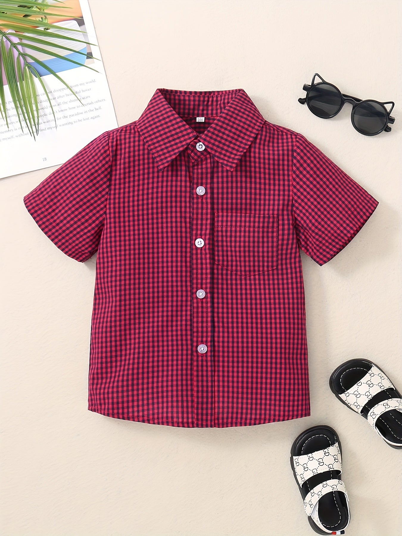 Toddler Boys Plaid Graphic Button Pocket Casual Short Sleeve Shirt
