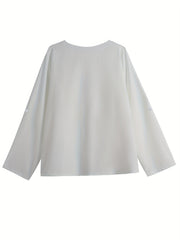  Solid Button Up Long Sleeve V Neck Blouse