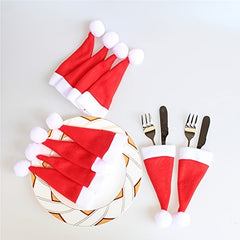 10pcs Mini Santa Hat Cup and Fork Cover Christmas Wine Bottle Covers