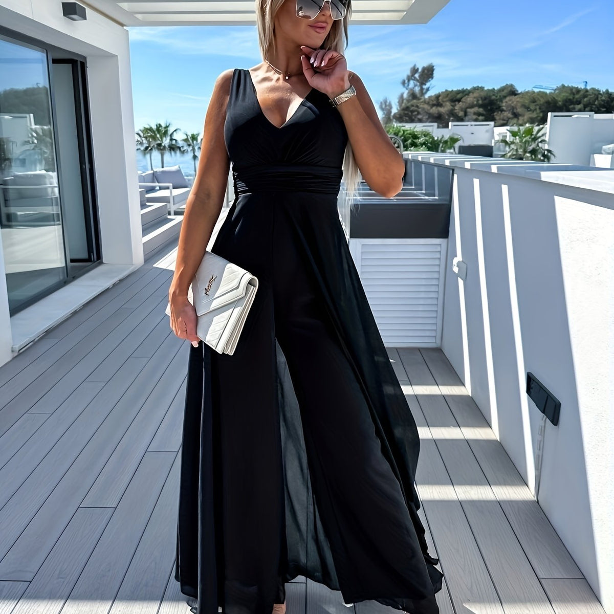 Wide Leg Tank Jumpsuit V Neck Sleeveless Spring Summer