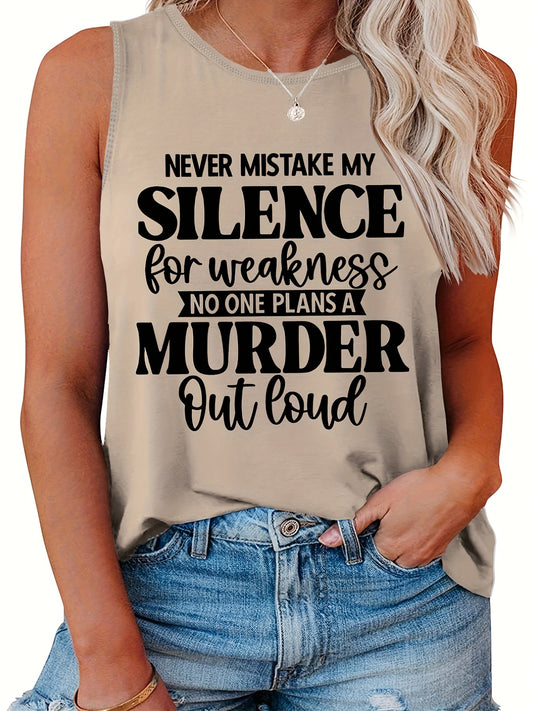  Casual Tank Top Women's Plus Slogan Print Round Neck Tank Top