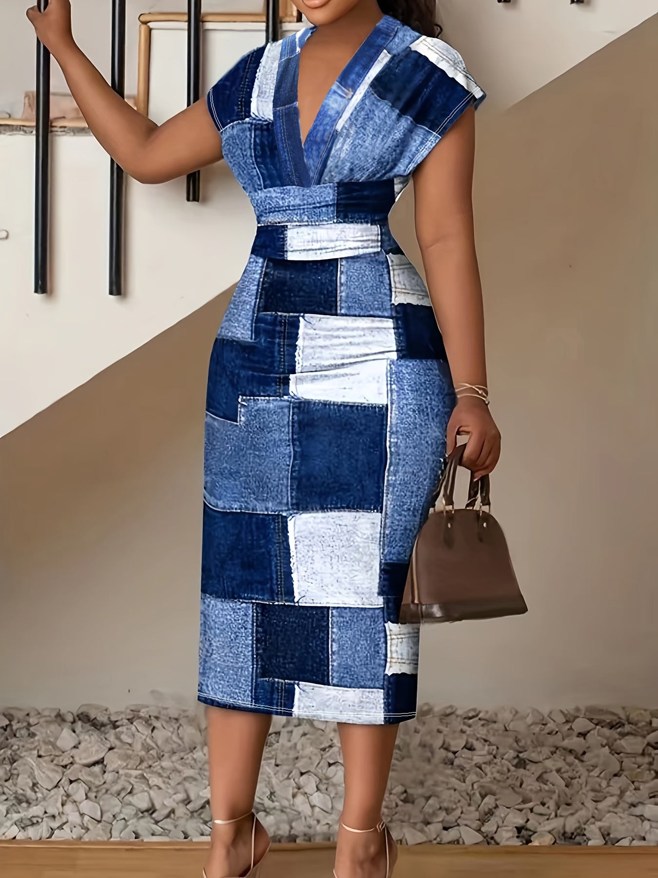  Colorblock Denim Print Batwing Midi Dress