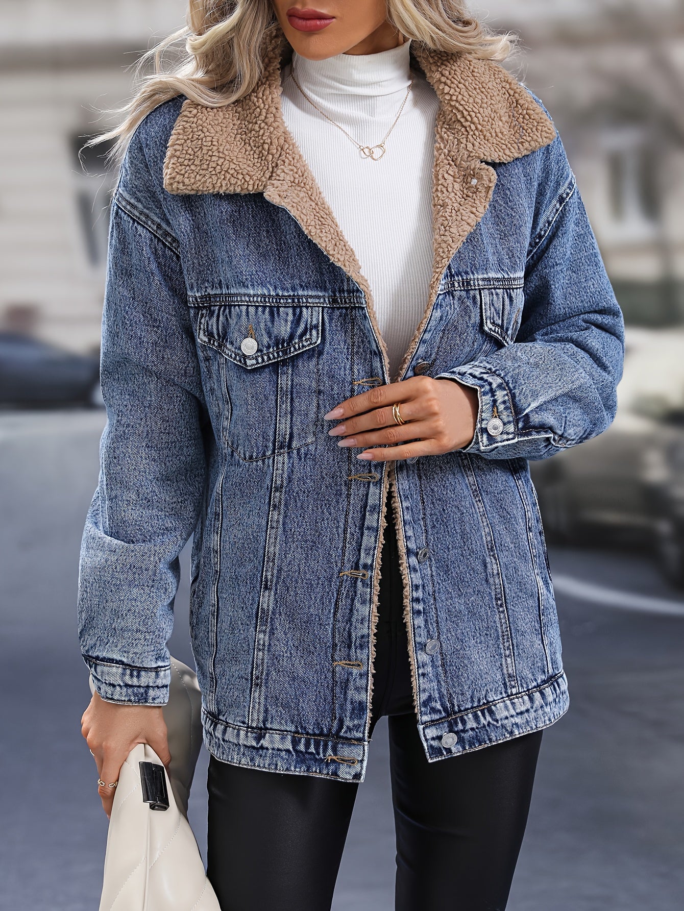 Women's Plus Size Casual Denim Jacket with Fleece Liner