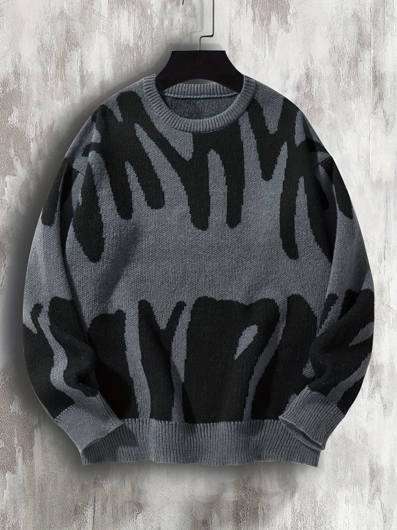 Knitted Letter Print Sweater Men's Casual Warm Crew Neck Pullover