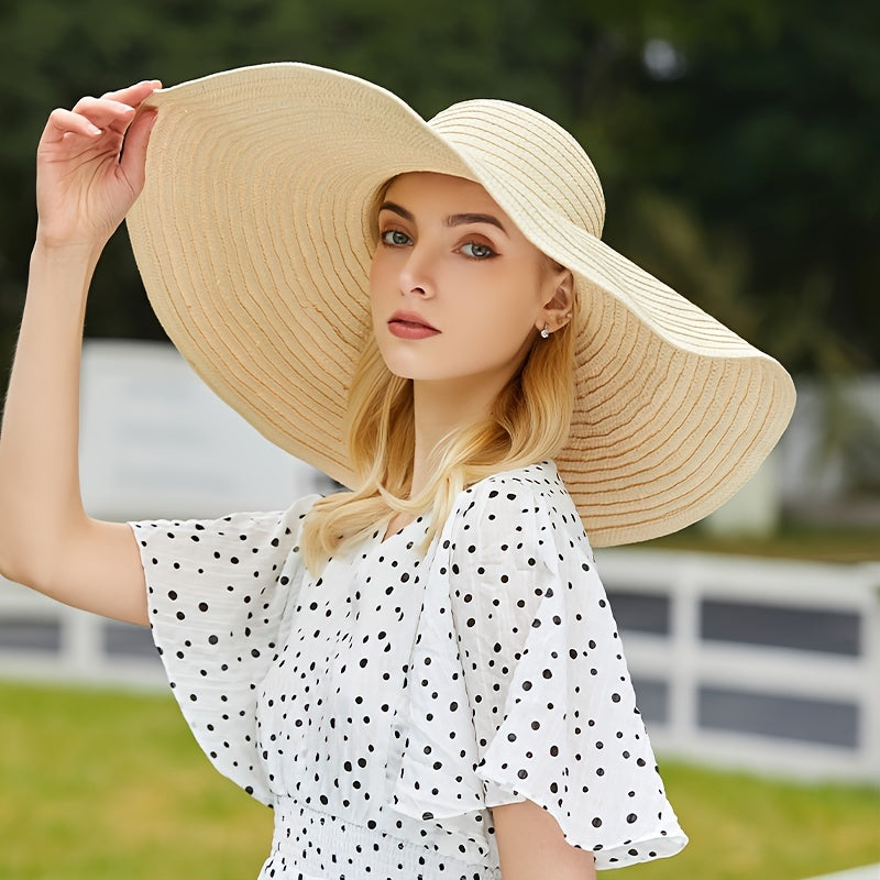 Oversized Brim Khaki Sun Hat Women Straw Beach Travel Cap