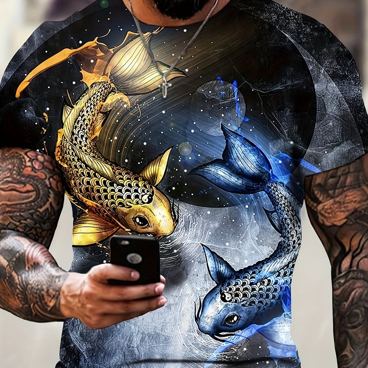Koi Fish Pattern Print Men's Short Sleeve Novelty Tee Graphic T-shirt