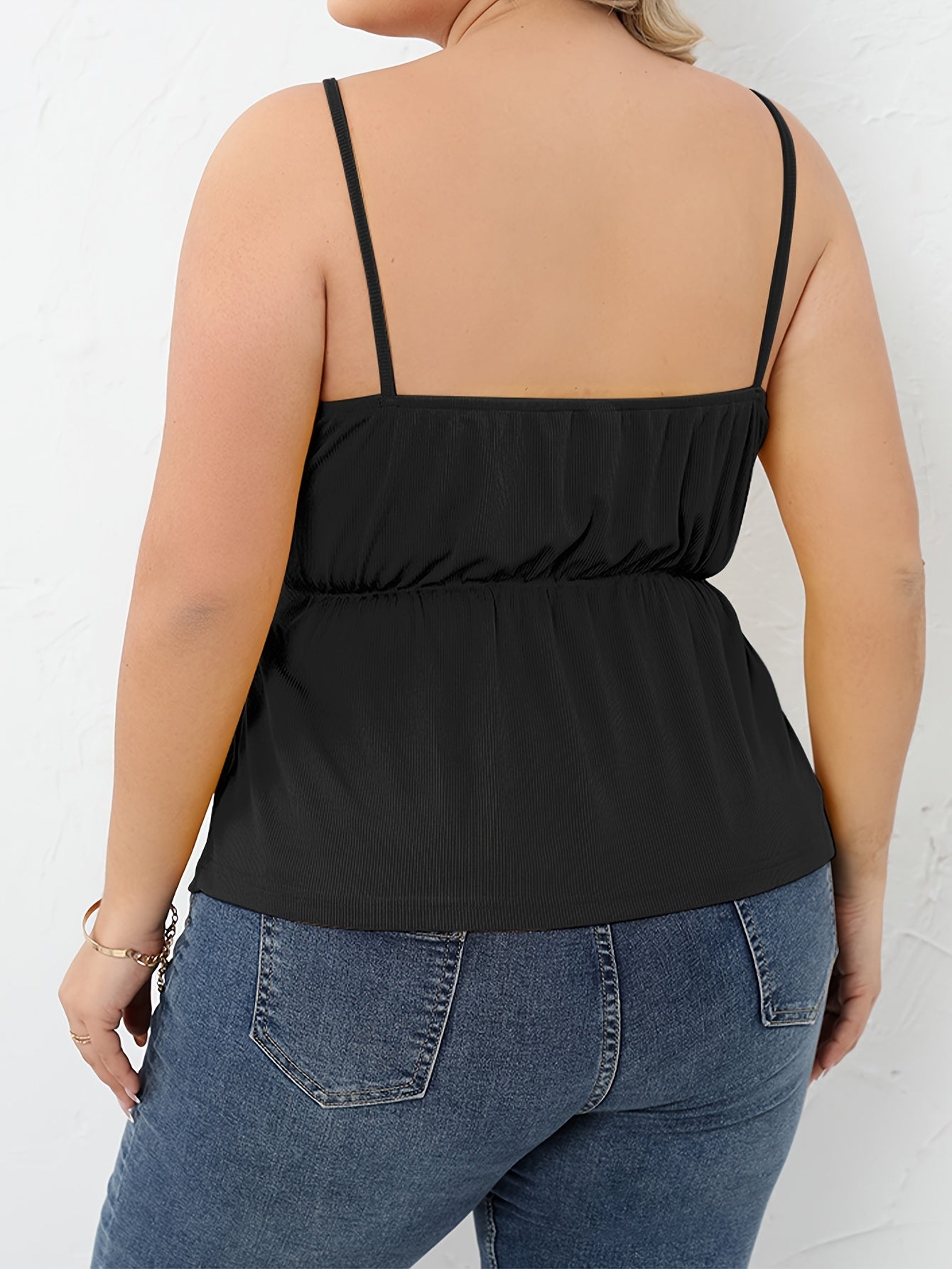  Solid Ribbed V Neck Cami Top Women's Plus Casual Slight Stretch