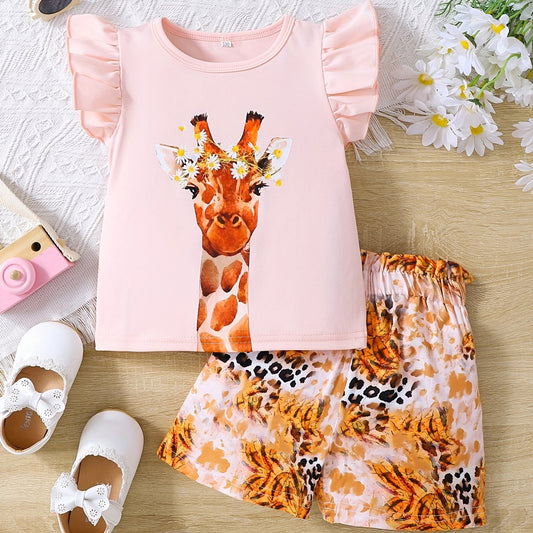 Toddler Girls Giraffe Graphic T Shirts & Leopard Shorts Set