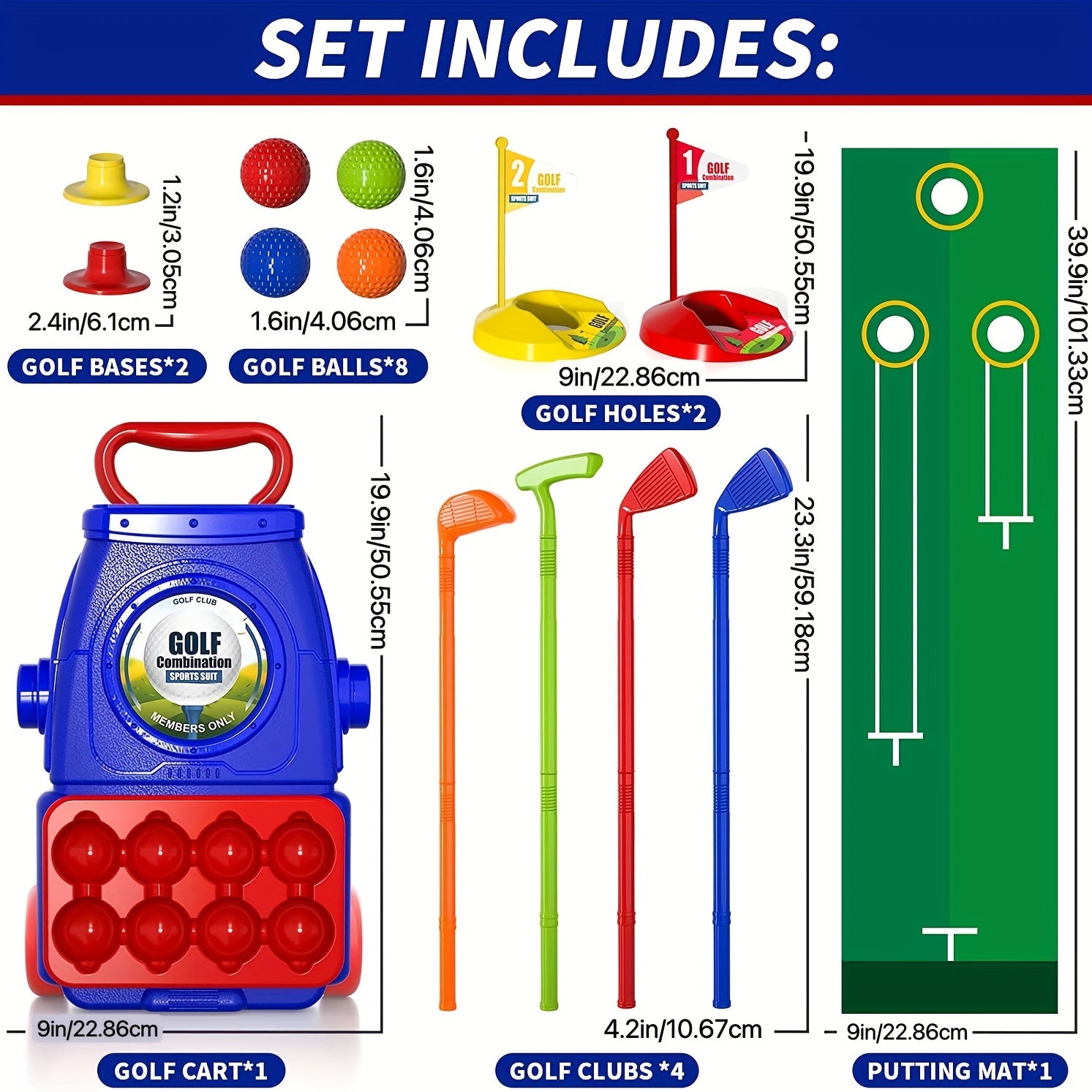 Kids Golf Clubs Set with Balls, Putting Mat, Sticks, Holes, and Cart