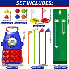 Kids Golf Clubs Set with Balls, Putting Mat, Sticks, Holes, and Cart