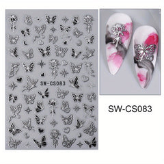 Metal Butterfly Nail Art Stickers with Red Rose Decals 3D and Silver Designs
