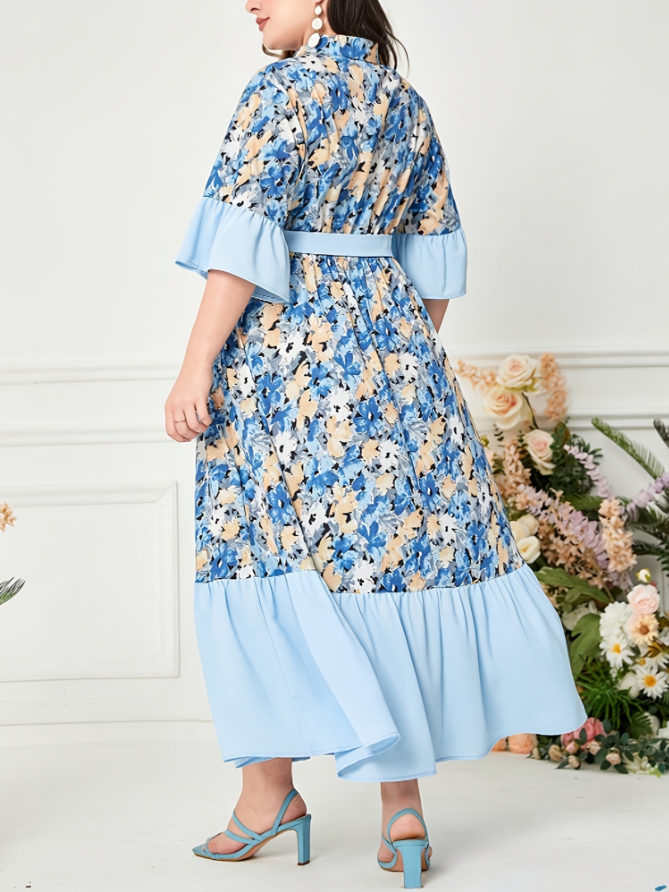  Dress Colorblock Floral Print Ruffle Trim Maxi Dress