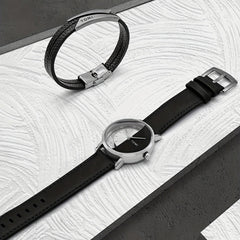 Men's Round Dial Quartz Watch & Letter Detail Bracelet Set