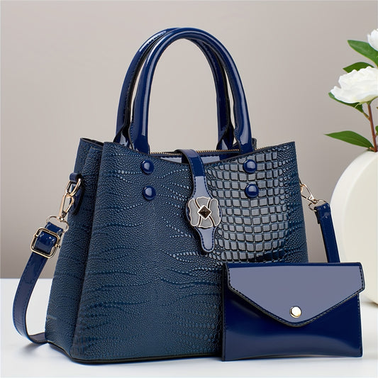 Crocodile Pattern Handbag Set: Tote Bag & Clutch Purse