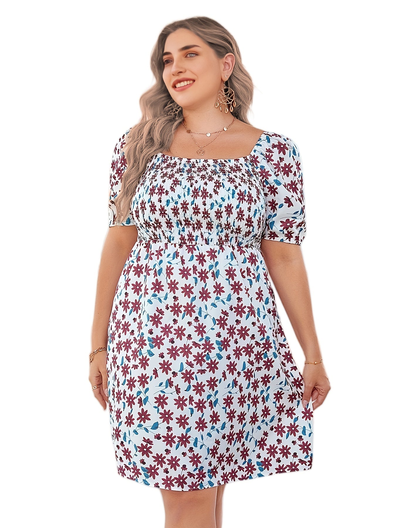  Floral Print Short Sleeve Square Neck Dress