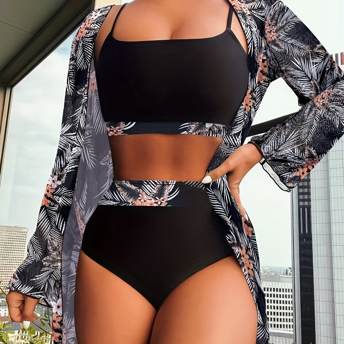 Tropical Print 3 Piece Set Swimsuits Floral Plants Cover Up Top Bottom
